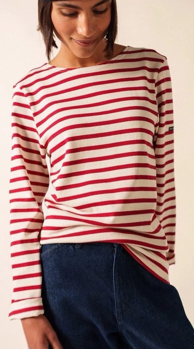 Breton Striped Long Sleeve Shirt Red Ecru Cotton Sz S EUC $165 MSRP